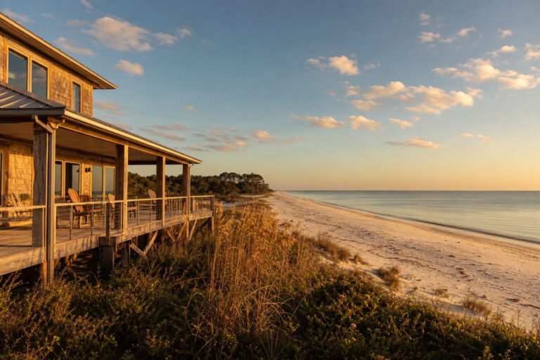 Elevated beach house with wraparound deck overlooking empty white sand beach and calm Gulf waters on St. George Island.